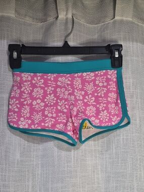 Girls' Boden Pink Floral Athletic Swim Shorts with Teal Trim